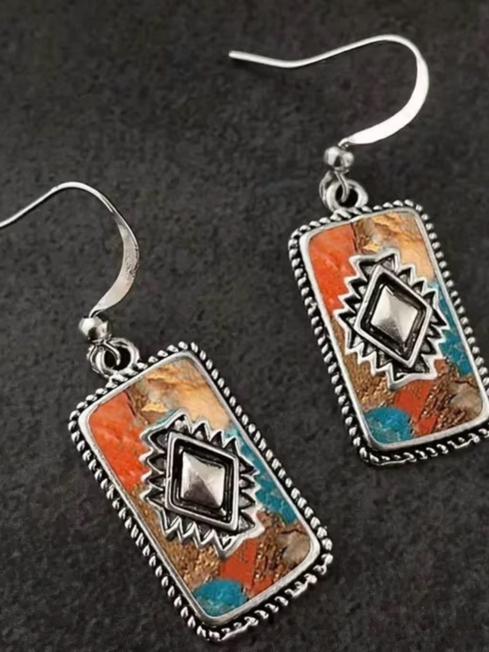 Boho Rectangular Stone Drop Earrings – Turquoise & Coral Accents